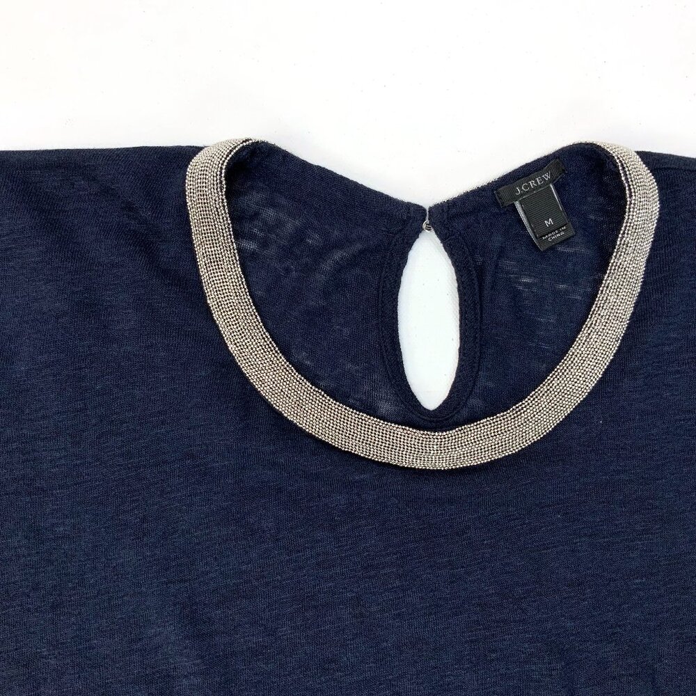 New J. Crew Navy Linen Embellished Collar Short Sleeve Tee Sz M - Picture 13 of 16